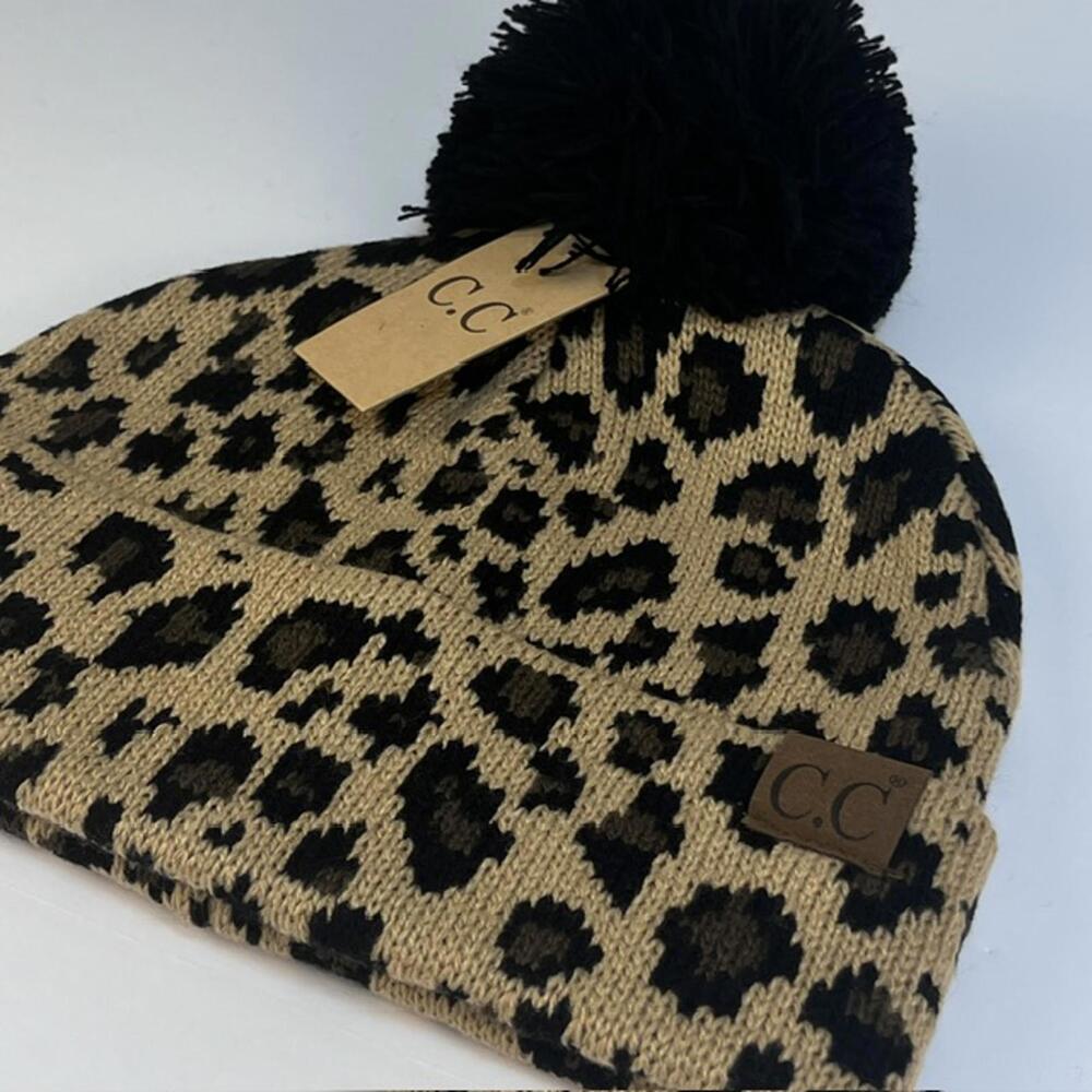 C.C‎ Leopard Print Beanie with Pom Pom